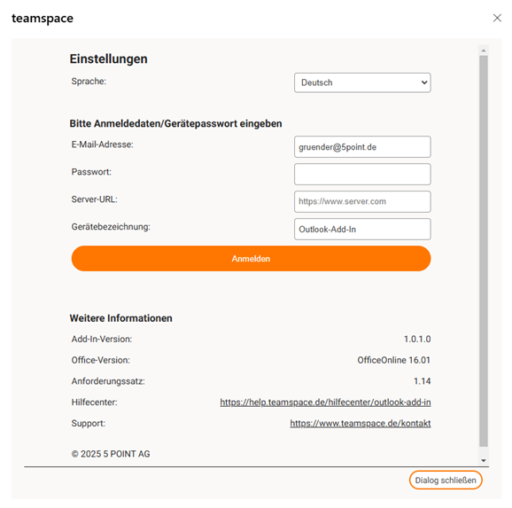 Einstellungs-Dialog des teamspace-Add-Ins mit Sprache „Deutsch“, den Feldern E-Mail-Adresse, Passwort, Server-URL und Gerätebezeichnung „Outlook-Add-In“, der orangen Schaltfläche „Anmelden“ sowie Add-In-Version, Office-Version, Anforderungssatz, Hilfecenter- und Support-Link