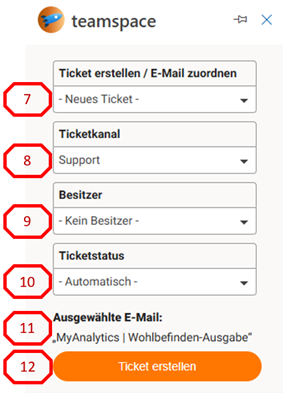 Arbeitsbereich des teamspace-Add-Ins mit den nummerierten Auswahlfeldern: „Ticket erstellen / E-Mail zuordnen“ mit „- Neues Ticket -“ (7), Ticketkanal „Support“ (8), Besitzer „- Kein Besitzer -“ (9), Ticketstatus „- Automatisch -“ (10), Ausgewählte E-Mail (11) und der orangen Schaltfläche „Ticket erstellen“ (12)