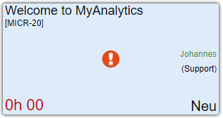 Vorschaukarte des Add-Ins direkt nach der Ticket-Erstellung: Betreff „Welcome to MyAnalytics“, Ticket-ID [MICR-20], Verantwortlicher Johannes (Support), verstrichene Zeit „0h 00“ und Status „Neu“