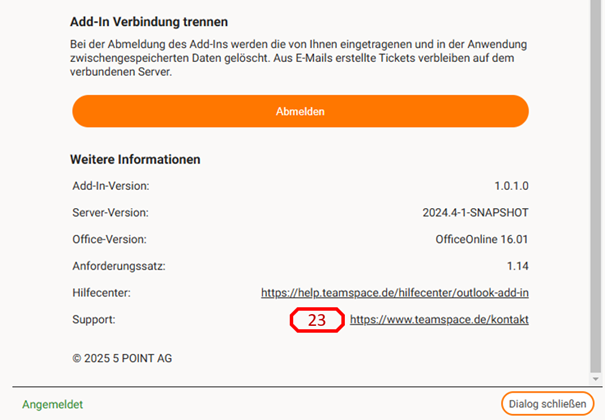 Einstellungen des Add-Ins mit dem Abschnitt „Add-In Verbindung trennen“, der Schaltfläche „Abmelden“ und den weiteren Informationen: Add-In-Version 1.0.1.0, Server-Version, Office-Version, Anforderungssatz sowie Hilfecenter- und rot markiertem Support-Link (23)