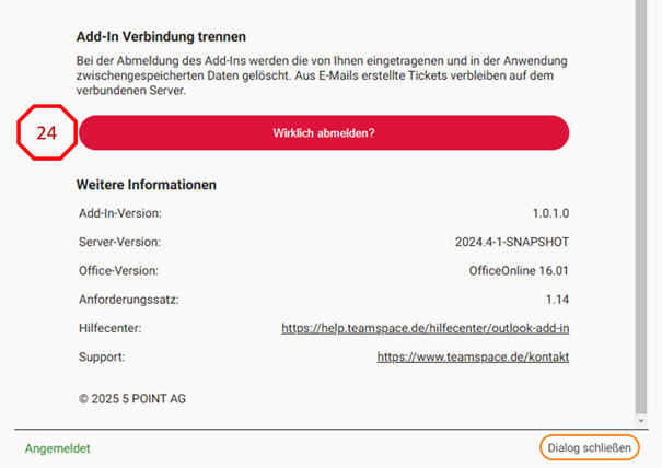 Einstellungen des Add-Ins im Abschnitt „Add-In Verbindung trennen“ mit der rot eingefärbten Bestätigungs-Schaltfläche „Wirklich abmelden?“ (24)