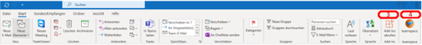 Outlook-Menüband unter Windows mit den rot markierten Schaltflächen „Add-Ins abrufen“ (3) und der teamspace-Kachel (4) ganz rechts
