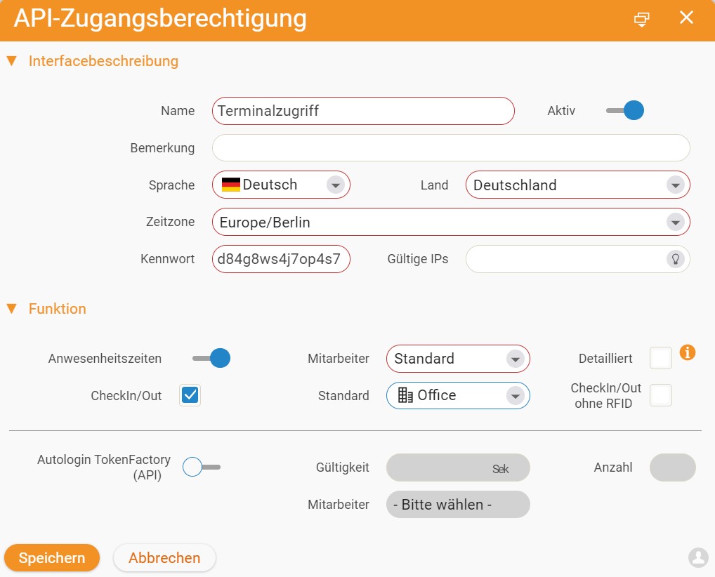 Dialog „API-Zugangsberechtigung