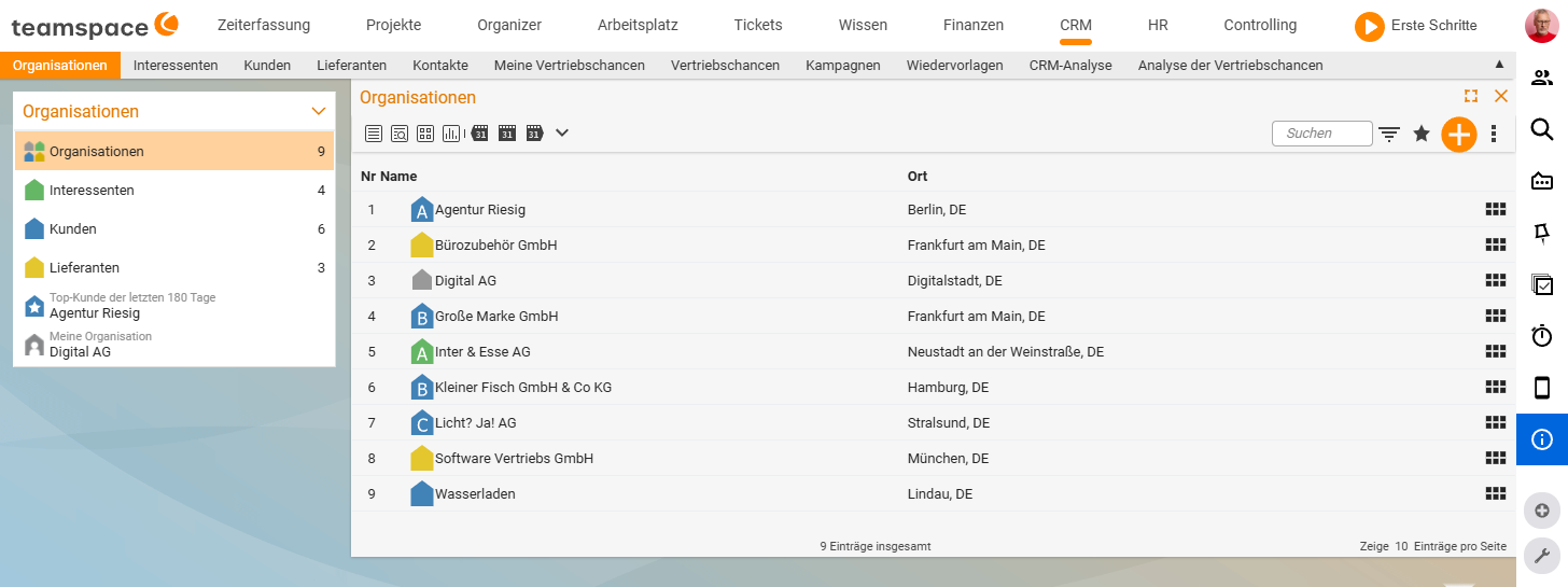 Organisationen-Liste im CRM mit Darstellungs-Icons, Quickfiltern und Schnellsuche