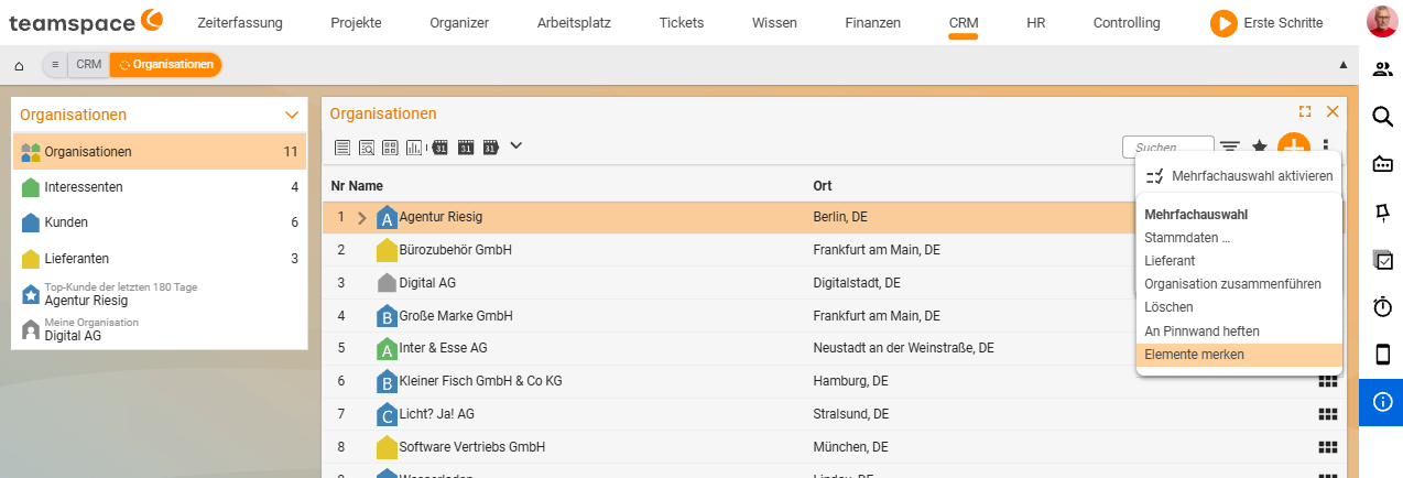 Listenmenü einer Organisationsliste mit dem Eintrag Mehrfachauswahl aktivieren und dem markierten Befehl Elemente merken