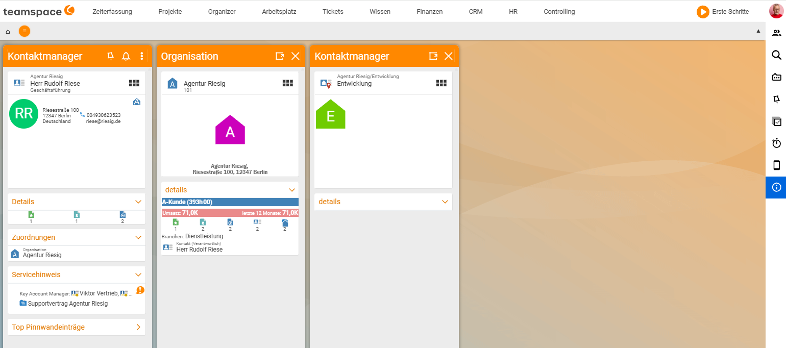 Drei Detailmanager nebeneinander – Kontaktmanager, Organisation und ein weiterer Kontaktmanager – wie ein Dashboard