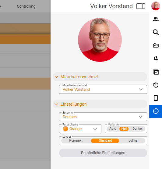 Persönliche Einstellungen mit dem Layout-Umschalter Kompakt / Standard / Luftig (Standard aktiv), darüber Sprache, Farbschema und Variante