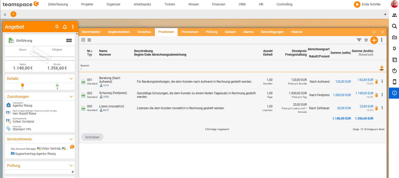 Angebot im Reiter Positionen mit drei Positionen: Beratung nach Aufwand, Schulung zum Festpreis und Lizenz monatlich, mit Netto- und Bruttosummen