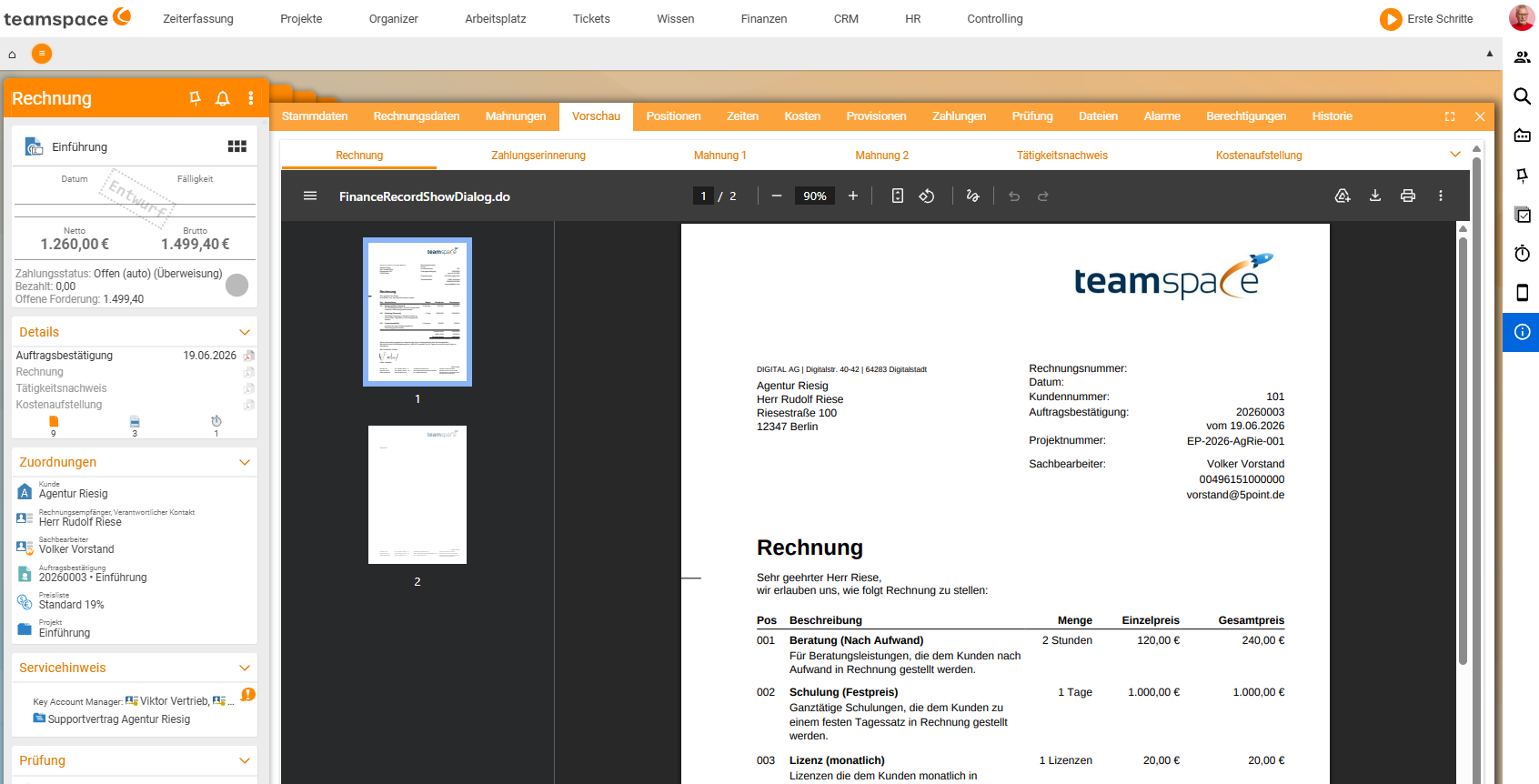 Rechnung im Reiter Vorschau mit dem PDF: teamspace-Briefkopf, Positionsliste und einer zweiten Seite für den Tätigkeitsnachweis