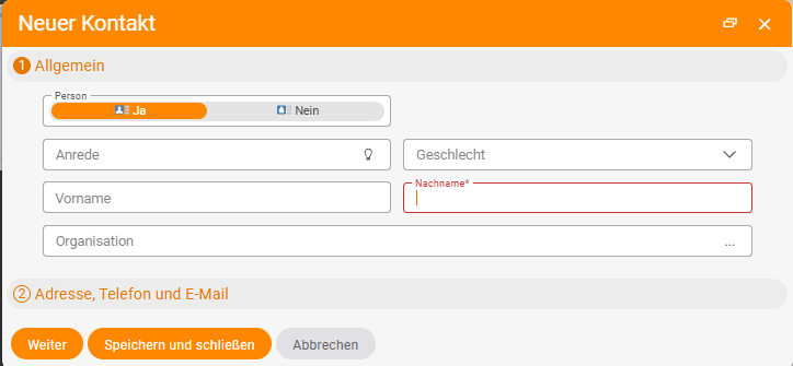 Wizard-Dialog Neuer Kontakt mit Schritt 1 Allgemein (Person, Anrede, Geschlecht, Vorname, Nachname, Organisation) und Schritt 2 Adresse, Telefon und E-Mail
