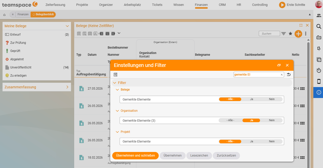Filterdialog einer Belegliste, Suchfeld mit gemerkte Elemente, Filter Gemerkte Elemente auf Ja gesetzt