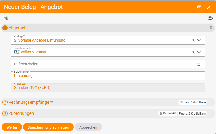 Wizard-Dialog Neuer Beleg – Angebot mit den Schritten Allgemein (Vorlage, Sachbearbeiter, Belegname), Rechnungsempfänger und Zuordnungen