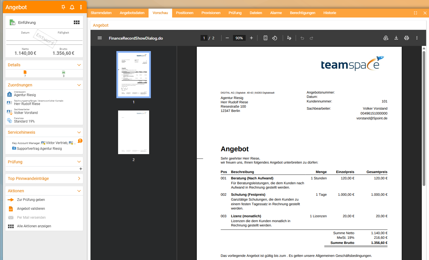 Angebot im Reiter Vorschau mit dem generierten PDF: teamspace-Briefkopf, Positionsliste und Summe Netto/Brutto
