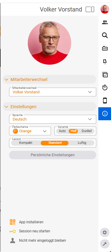Persönliche Einstellungen mit den unteren Einträgen App installieren, Session neu starten und Nicht mehr eingeloggt bleiben