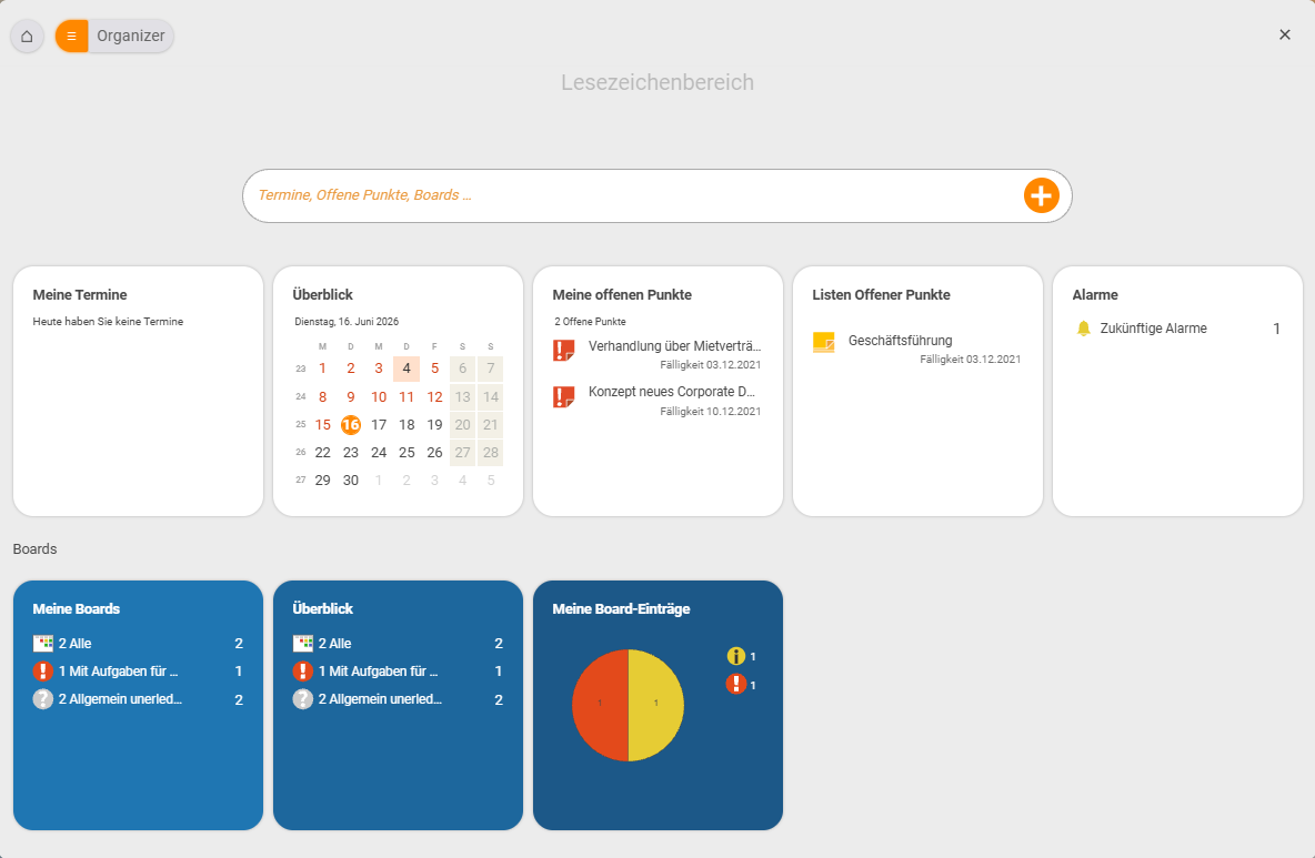 Organizer mit dem Bereich „Boards“ – Meine Boards, Überblick und Meine Board-Einträge