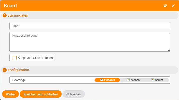 Erstellungsdialog – Grunddaten eines neuen Boards