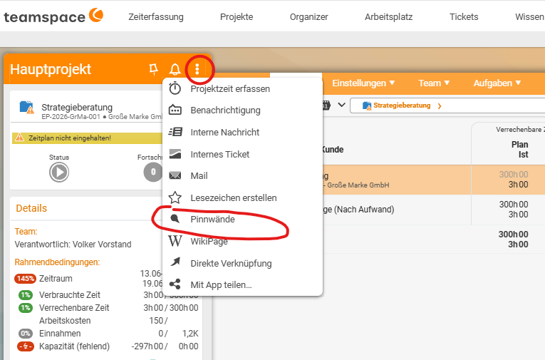 Detailmanager eines Projekts mit dem oben markierten Pin-Symbol und dem geöffneten Drei-Punkte-Menü, in dem der Eintrag Pinnwände hervorgehoben ist