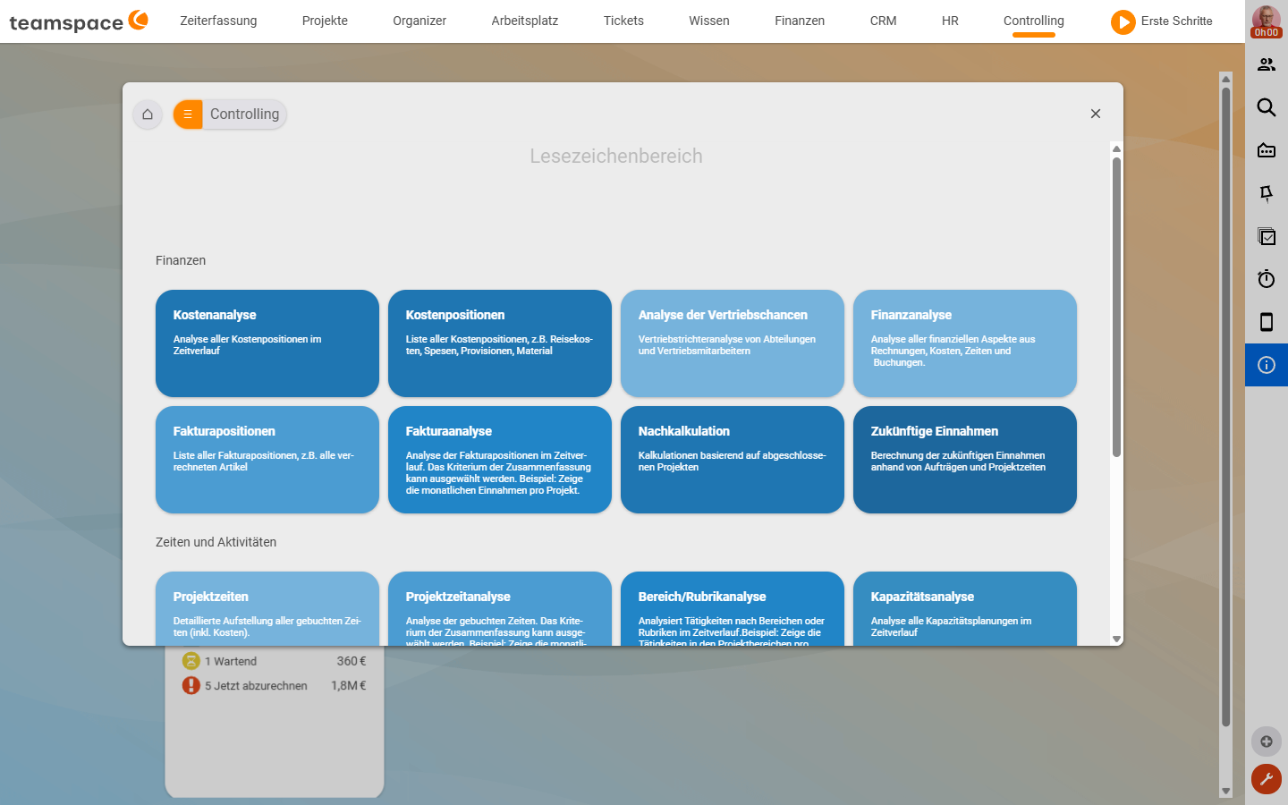 Modul „Controlling: Kachel-Übersicht aller Berichte im Lesezeichenbereich, gruppiert in „Finanzen und „Zeiten und Aktivitäten.