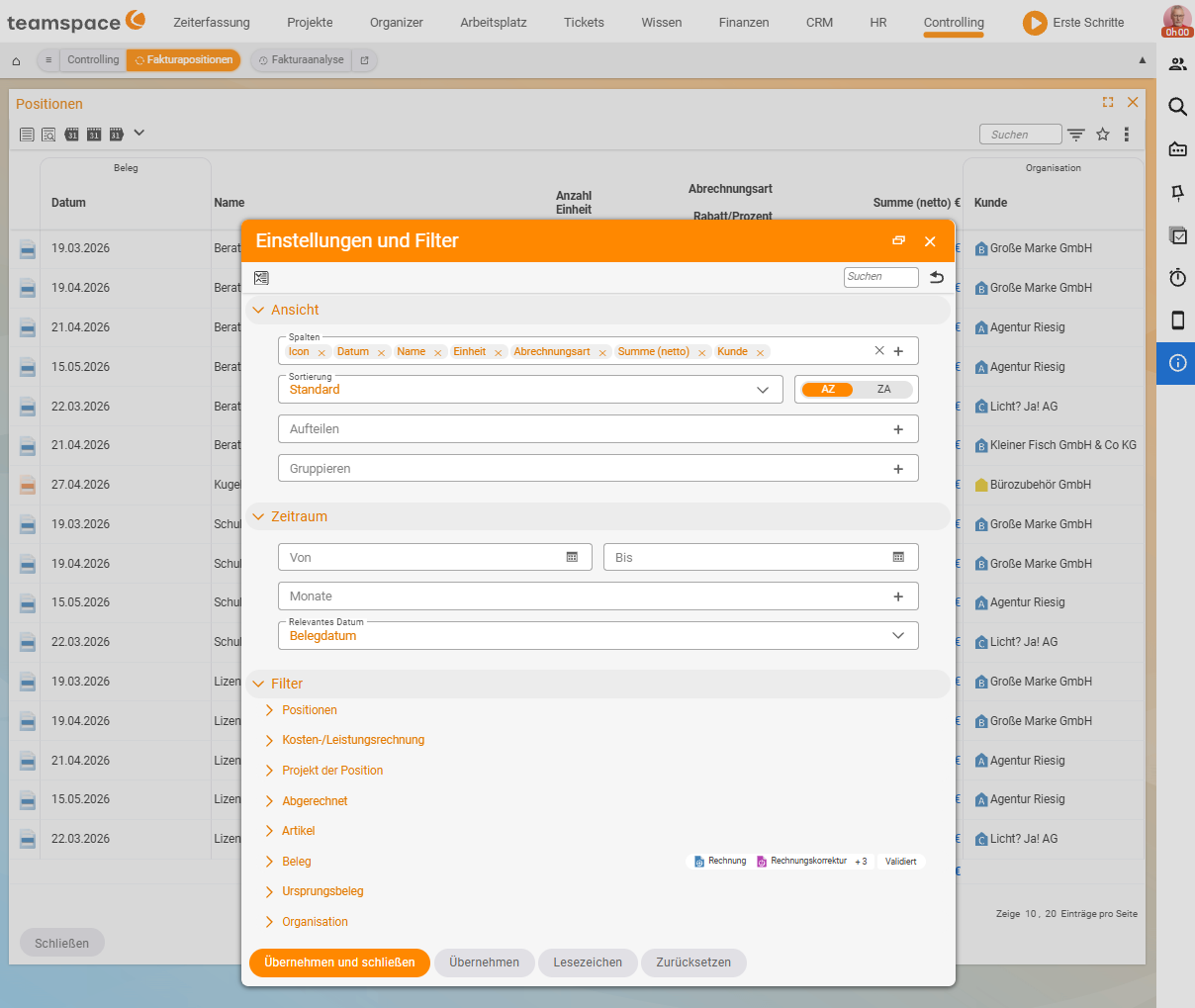 Modal „Einstellungen und Filter
