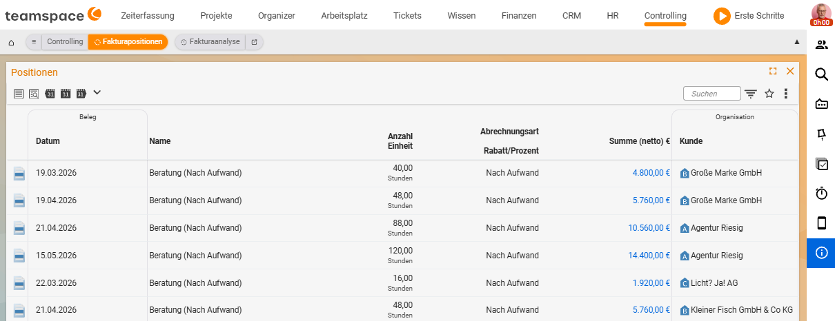 Obere Toolbar des Berichts „Fakturapositionen