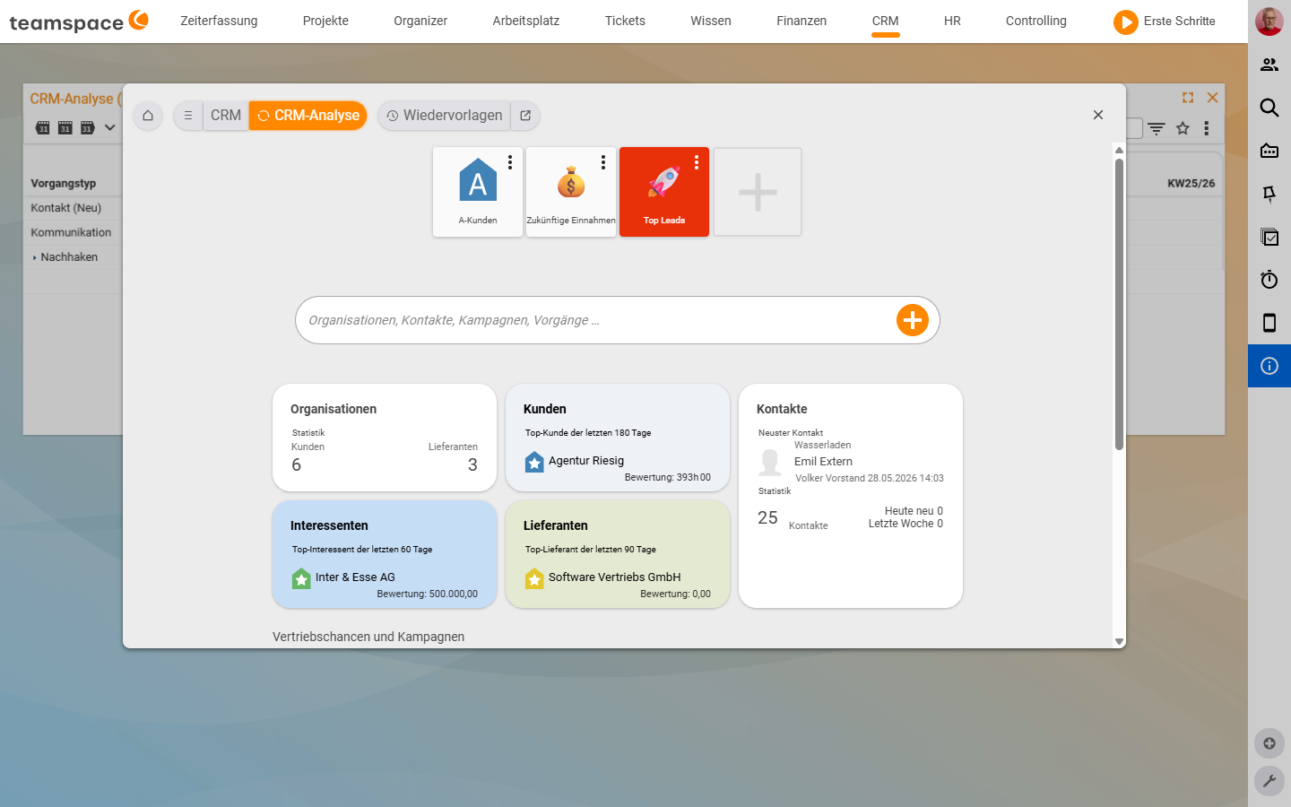 CRM-Modul-Startseite mit Lesezeichen-Kacheln und den Kacheln Organisationen, Kunden, Kontakte, Interessenten und Lieferanten