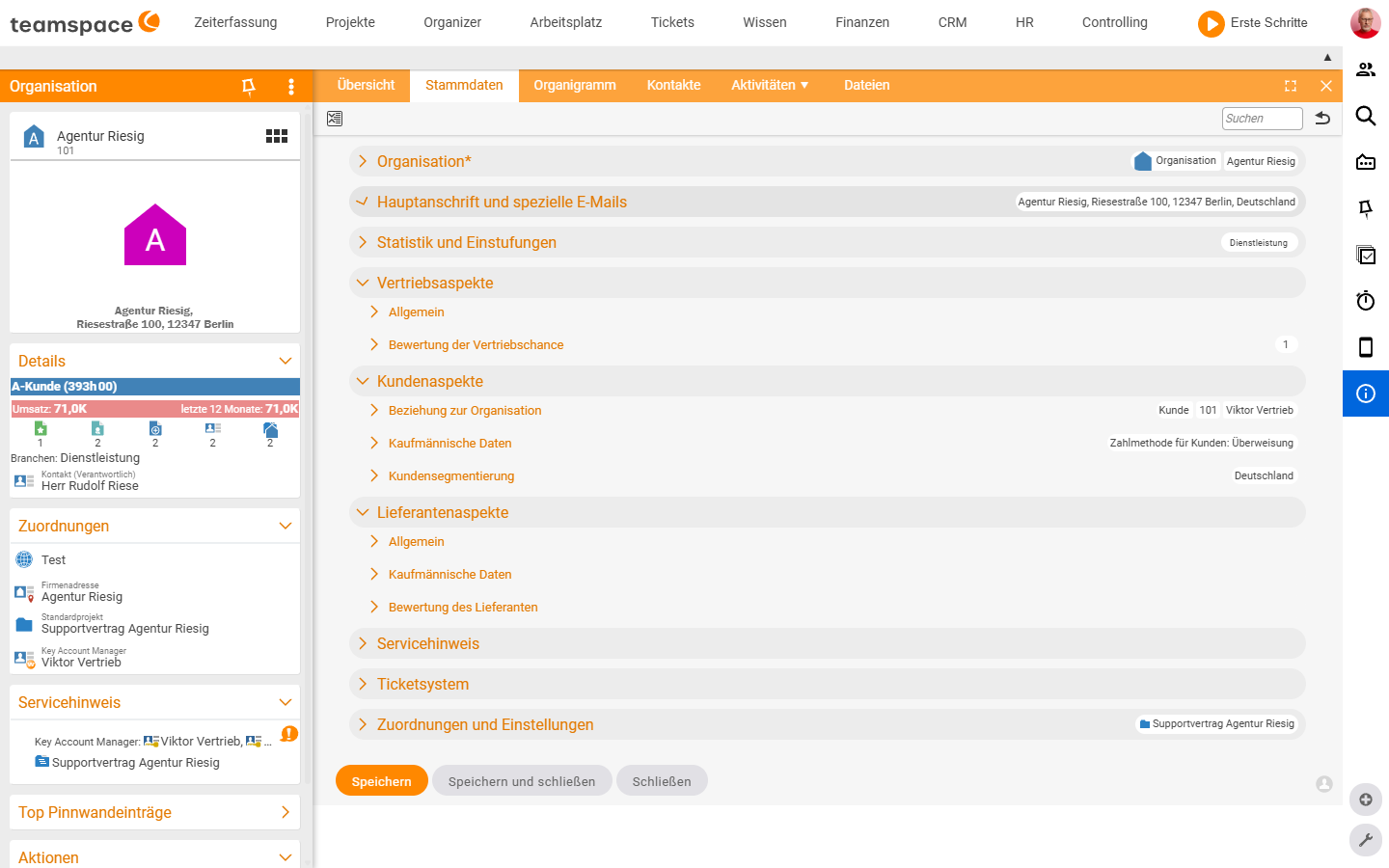 Detailmanager Organisation, Reiter Stammdaten mit Hauptanschrift, Statistik, Vertriebs-, Kunden- und Lieferantenaspekten und Servicehinweis