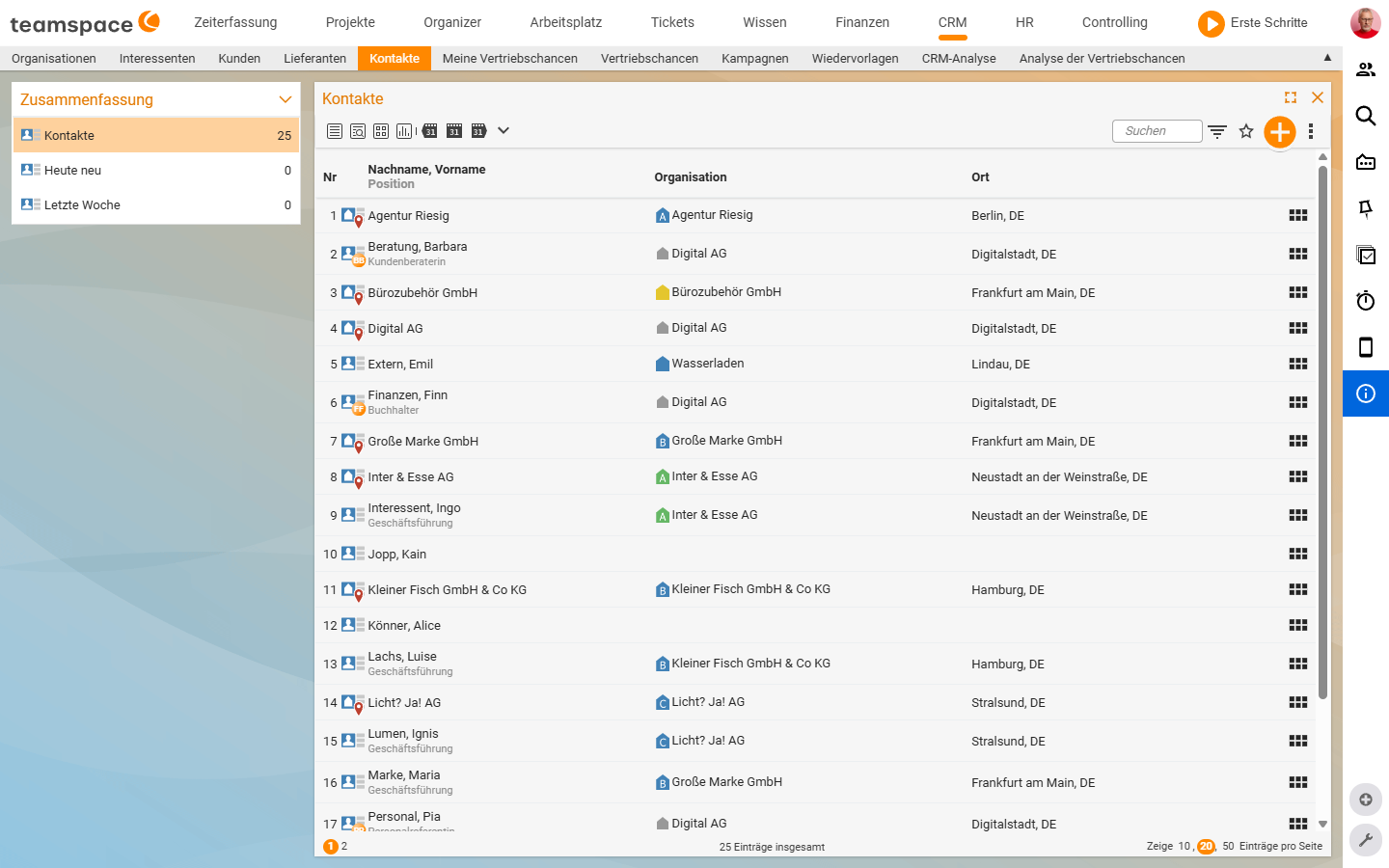 Listen-Tab Kontakte mit Sidebar Zusammenfassung und Tabelle Nr, Nachname/Vorname/Position, Organisation, Ort
