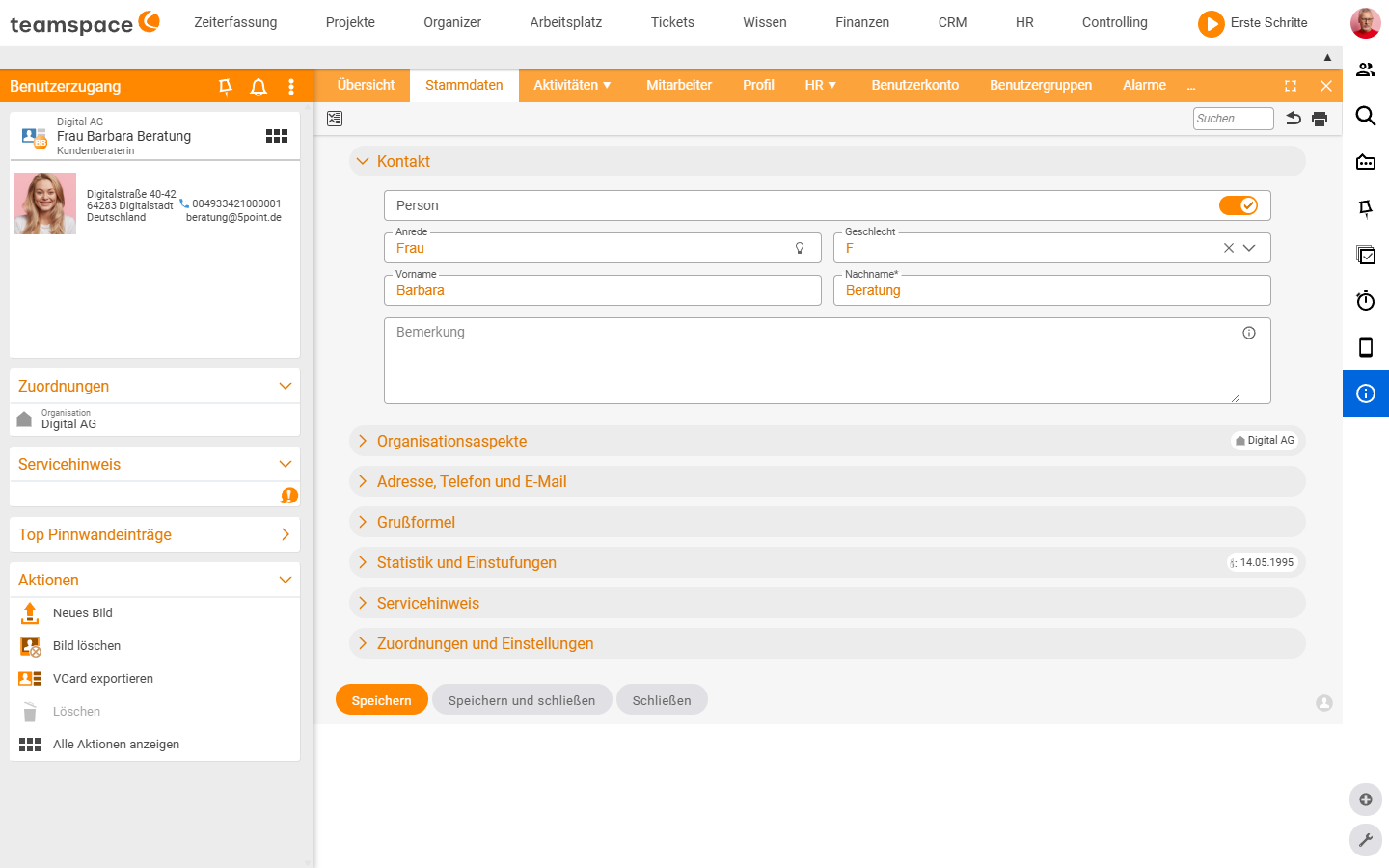 Detailmanager Kontakt, Reiter Stammdaten mit Person, Organisationsaspekte, Adresse/Telefon/E-Mail, Statistik und Servicehinweis