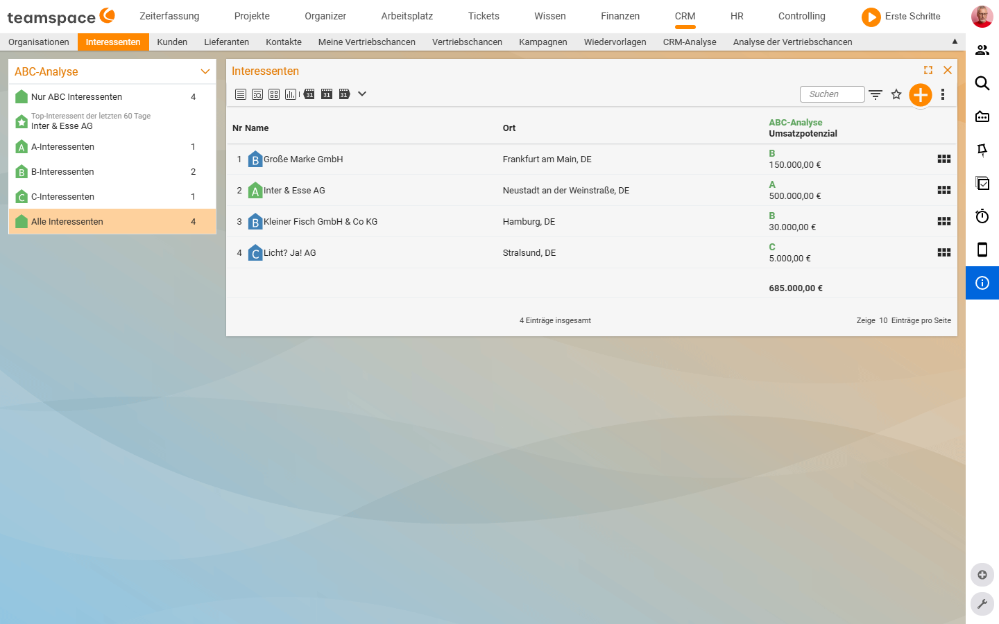 Listen-Tab Interessenten mit Sidebar ABC-Analyse und ABC-Indikatoren sowie Umsatzpotenzial in der Zeile