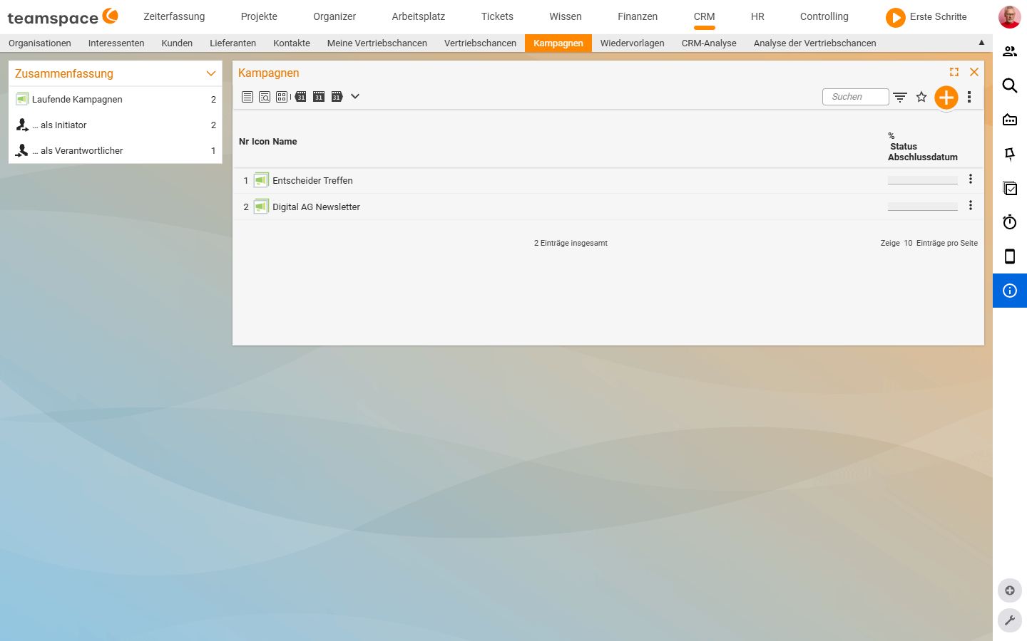 Listen-Tab Kampagnen mit Sidebar Zusammenfassung und Tabelle Nr, Icon, Name, Prozent, Status, Abschlussdatum