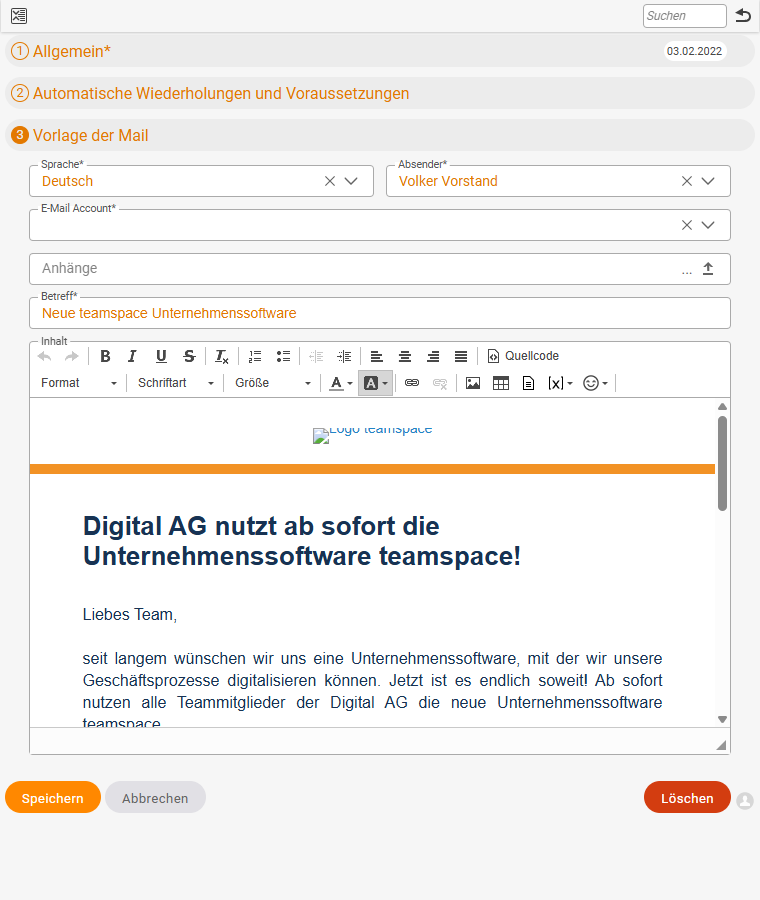 Mail-Vorgang der Kampagne, Bereich Vorlage der Mail mit Sprache, Absender, E-Mail Account, Betreff und HTML-Body-Editor mit Platzhalter-Icon