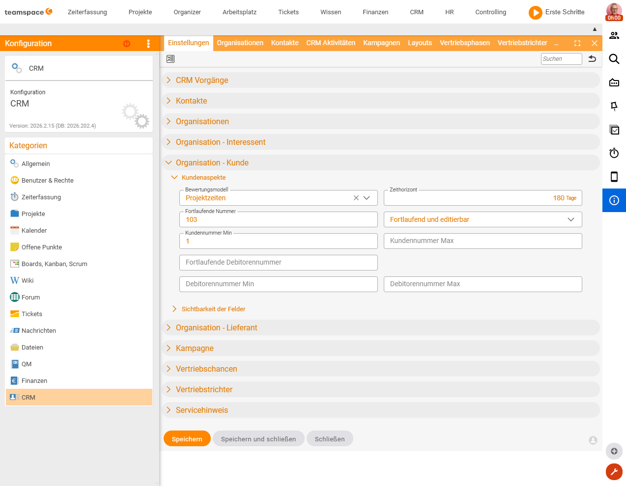 Konfiguration CRM, Einstellungen, Klappbereich Organisation - Kunde, Kundenaspekte mit Bewertungsmodell Projektzeiten und Zeithorizont 180 Tage