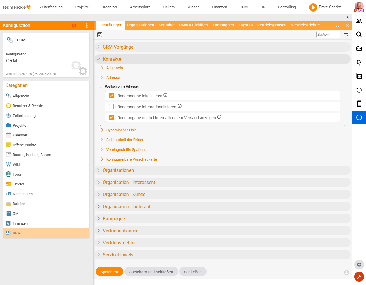 Konfiguration CRM, Einstellungen, Klappbereich Kontakte mit den Unterbereichen Allgemein, Adresse, Dynamischer Link, Sichtbarkeit der Felder, Voreingestellte Spalten, Konfigurierbare Vorschaukarte