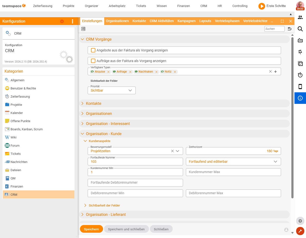 Konfiguration CRM, Einstellungen, Klappbereich CRM Vorgänge mit Verfügbare Typen Akquise, Anfrage, Nachhaken, Notiz
