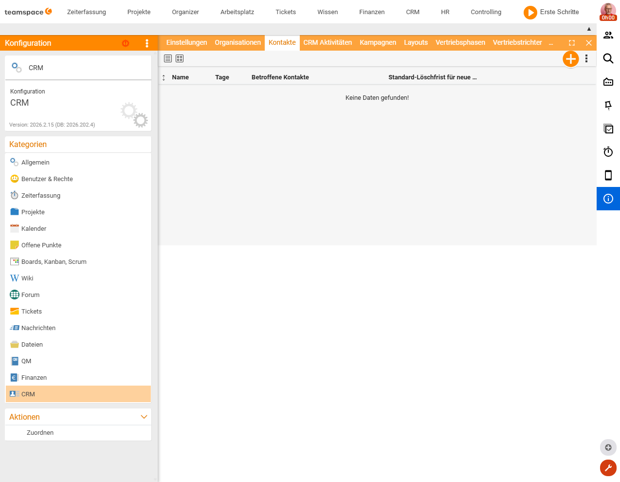 Konfiguration CRM, Löschfristen mit den Spalten Name, Tage, Betroffene Kontakte, Standard-Löschfrist und Plus-Button; im Demo-Mandanten noch leer