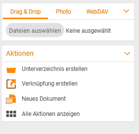 Aktionen-Sidebar des Dateimanagers mit den Einträgen Unterverzeichnis erstellen, Verknüpfung erstellen, Neues Dokument und Alle Aktionen anzeigen, darüber die Upload-Tabs