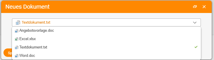 Dialog Neues Dokument mit aufgeklappter Vorlagenauswahl: Angebotsvorlage.doc, Excel.xlsx, Textdokument.txt (gewählt) und Word.doc