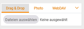 Upload-Sidebar mit den drei Tabs Drag & Drop, Photo und WebDAV sowie der Schaltfläche Dateien auswählen