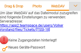 WebDAV-Tab mit der Serveradresse des aktuellen Verzeichnisses, dem Hinweis Keine Zugangsdaten hinterlegt und der Aktion Neues Geräte-Passwort
