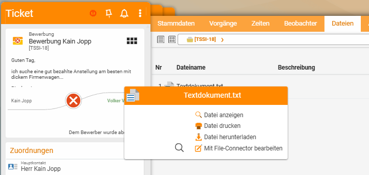 Datei-Reiter eines Tickets mit dem Aktions-Popup über Textdokument.txt: Datei anzeigen, Datei drucken, Datei herunterladen und Mit File-Connector bearbeiten
