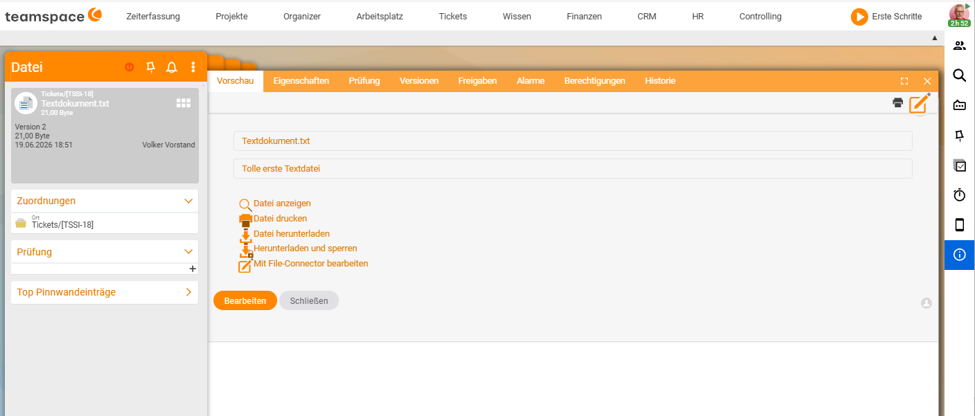 Datei-Detailmanager mit der Reiter-Reihe Vorschau, Eigenschaften, Prüfung, Versionen, Freigaben, Alarme, Berechtigungen, Historie; links die Datei-Card und die Aktionen-Sidebar