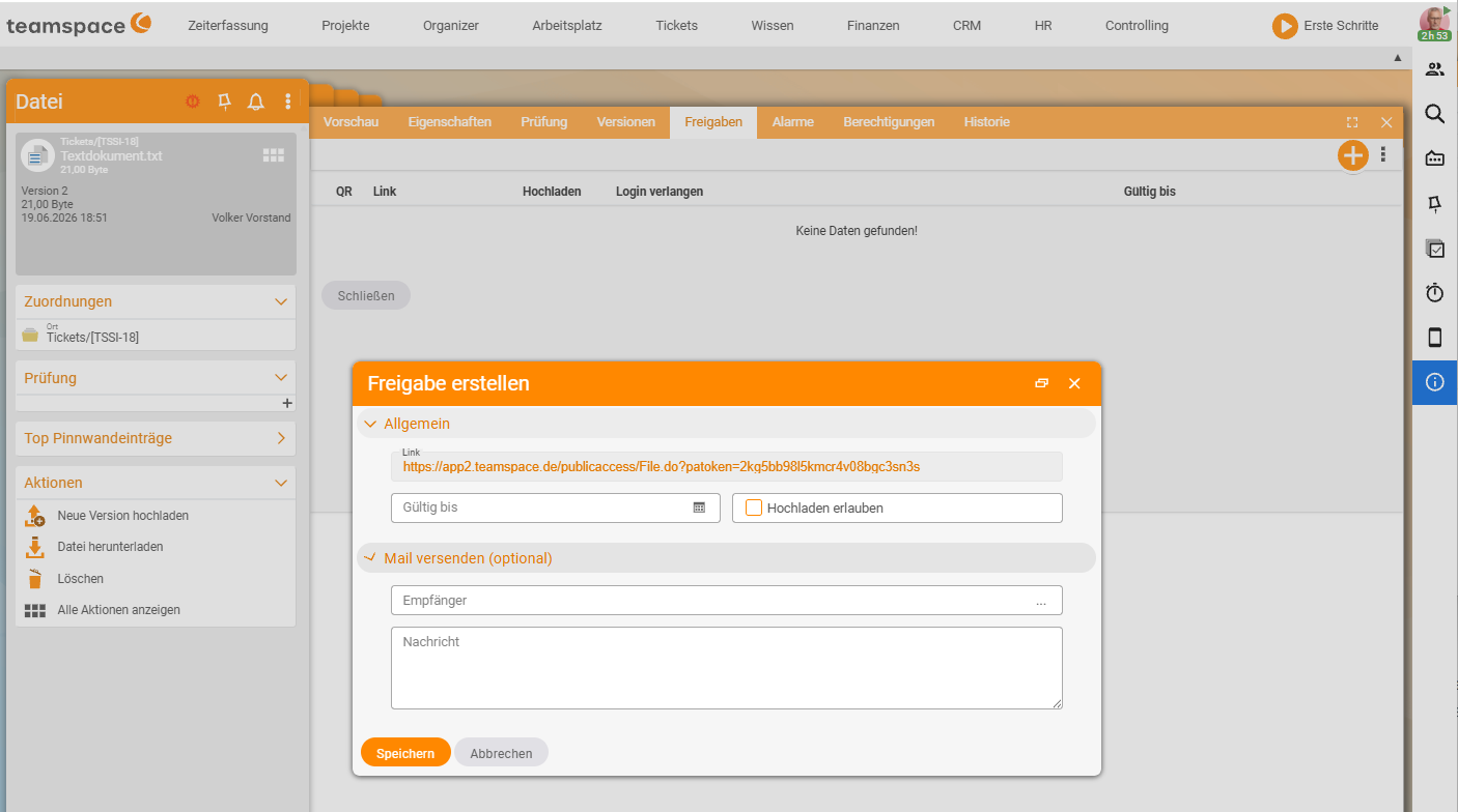 Datei-Detailmanager im Reiter Freigaben mit den Spalten QR, Link, Hochladen, Login verlangen und Gültig bis sowie dem Dialog Freigabe erstellen (Link, Gültig bis, Hochladen erlauben)