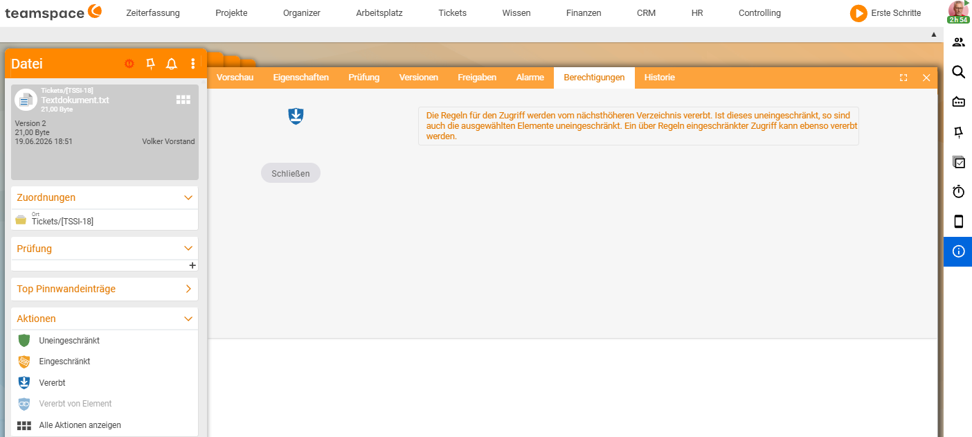 Datei-Detailmanager im Reiter Berechtigungen mit den Zugriffsmodi Uneingeschränkt, Eingeschränkt, Vererbt und Vererbt von Element in der Aktionen-Sidebar