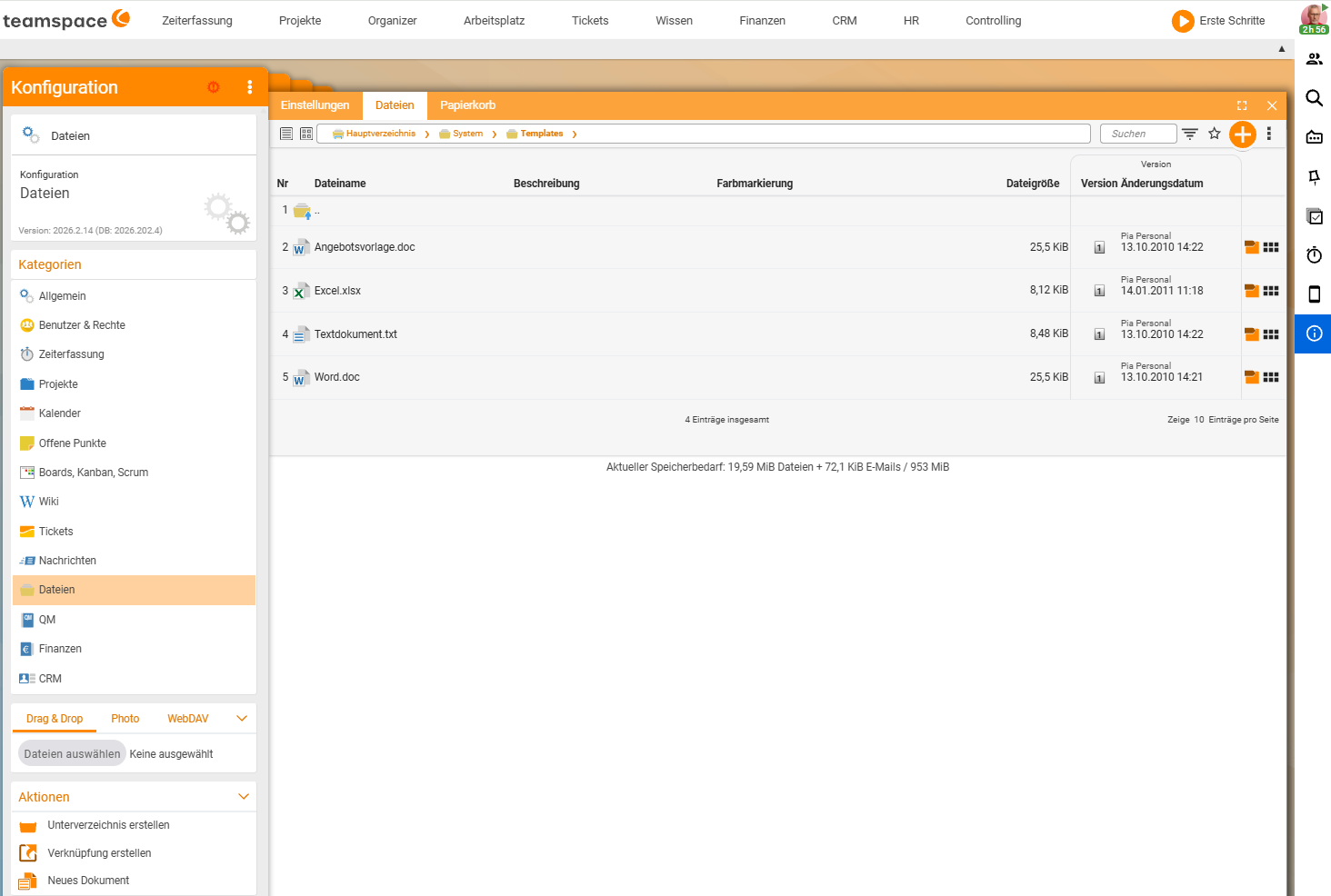 Konfiguration Dateien, Verzeichnis System/Templates mit den hinterlegten Dokument-Vorlagen Angebotsvorlage.doc, Excel.xlsx, Textdokument.txt und Word.doc