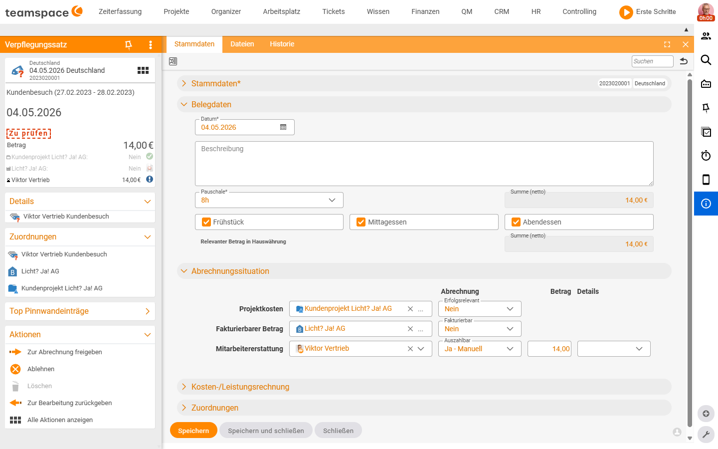 Detailmanager einer Kostenposition (Verpflegungssatz Deutschland) mit dem Akkordeon Abrechnungssituation: drei Zeilen Projektkosten, Fakturierbarer Betrag und Mitarbeitererstattung, je mit Abrechnungs-Dropdown (Erfolgsrelevant, Fakturierbar, Auszahlbar) und Betrag
