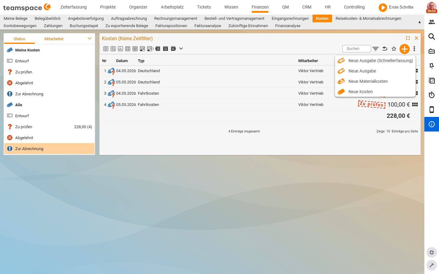 Liste Kosten mit geöffnetem Plus-Button-Drop-down: Neue Ausgabe (Schnellerfassung), Neue Ausgabe, Neue Materialkosten, Neue Kosten