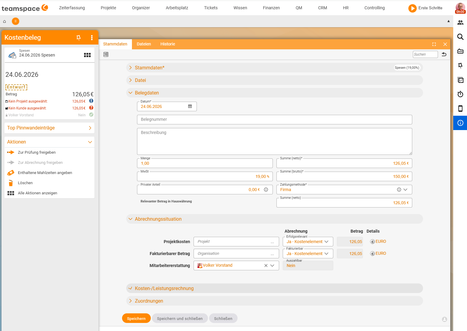 Detailmanager eines Kostenbelegs (Spesen, 24.06.2026), Reiter „Stammdaten“: Akkordeon „Belegdaten“ mit Datum, Menge 1,00, MwSt 19 %, Summe netto 126,05 € / brutto 150 €, darunter das Akkordeon „Abrechnungssituation“ mit Projektkosten, Fakturierbarer Betrag und Mitarbeitererstattung