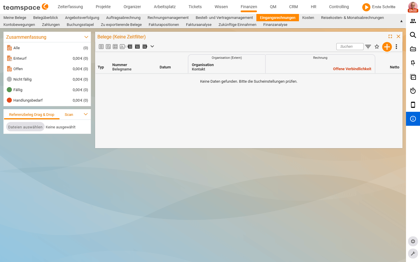 Liste Eingangsrechnungen (Belege) mit linker Sidebar Zusammenfassung (Alle, Entwurf, Offen, Nicht fällig, Fällig, Handlungsbedarf) und den Tabs Referenzbeleg Drag & Drop und Scan; Spalten Typ, Nummer/Belegname, Datum, Organisation/Kontakt, Rechnung, Netto