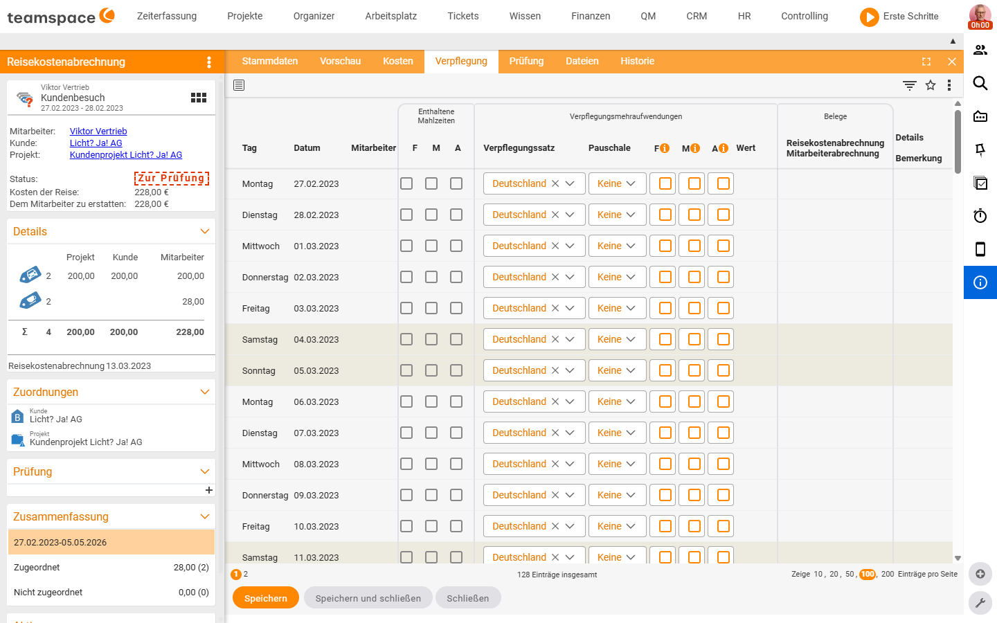 Reiter Verpflegung der Reisekostenabrechnung: Tag-für-Tag-Tabelle mit Spalten Tag, Datum, Enthaltene Mahlzeiten (F/M/A), Verpflegungssatz, Pauschale, F/M/A, Wert; je Tag drei Checkboxen für Frühstück, Mittagessen, Abendessen