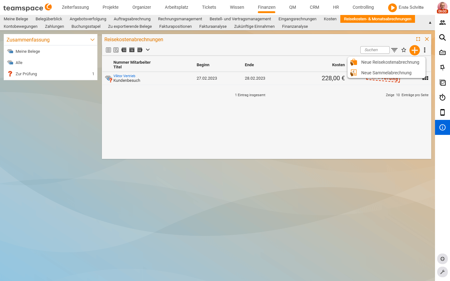 Liste Reisekostenabrechnungen mit geöffnetem Plus-Button-Drop-down: Neue Reisekostenabrechnung und Neue Sammelabrechnung